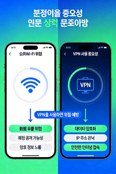 공용 Wi-Fi 위험과 VPN 사용의 중요성을 설명하는 스마트폰 화면 비교 인포그래픽