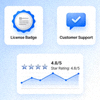 라이선스 배지, 별점 그래프, 고객 지원 아이콘을 사용해 플랫폼 평가 기준을 시각화한 썸네일 이미지