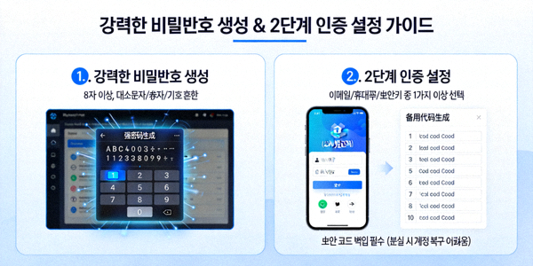 강력한 비밀번호 생성과 2단계 인증 설정 과정을 보여주는 개념적 이미지